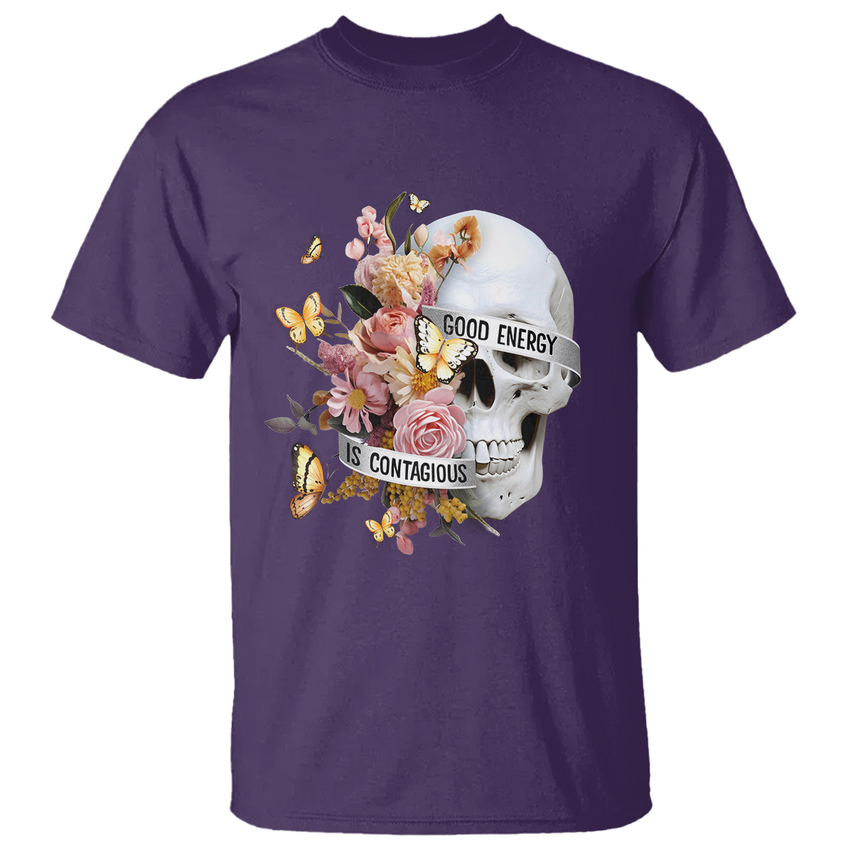 mental-health-t-shirt-good-energy-is-contagious-skull-flowers