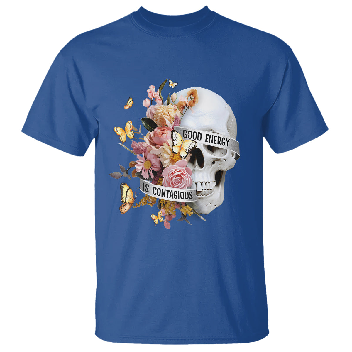 mental-health-t-shirt-good-energy-is-contagious-skull-flowers