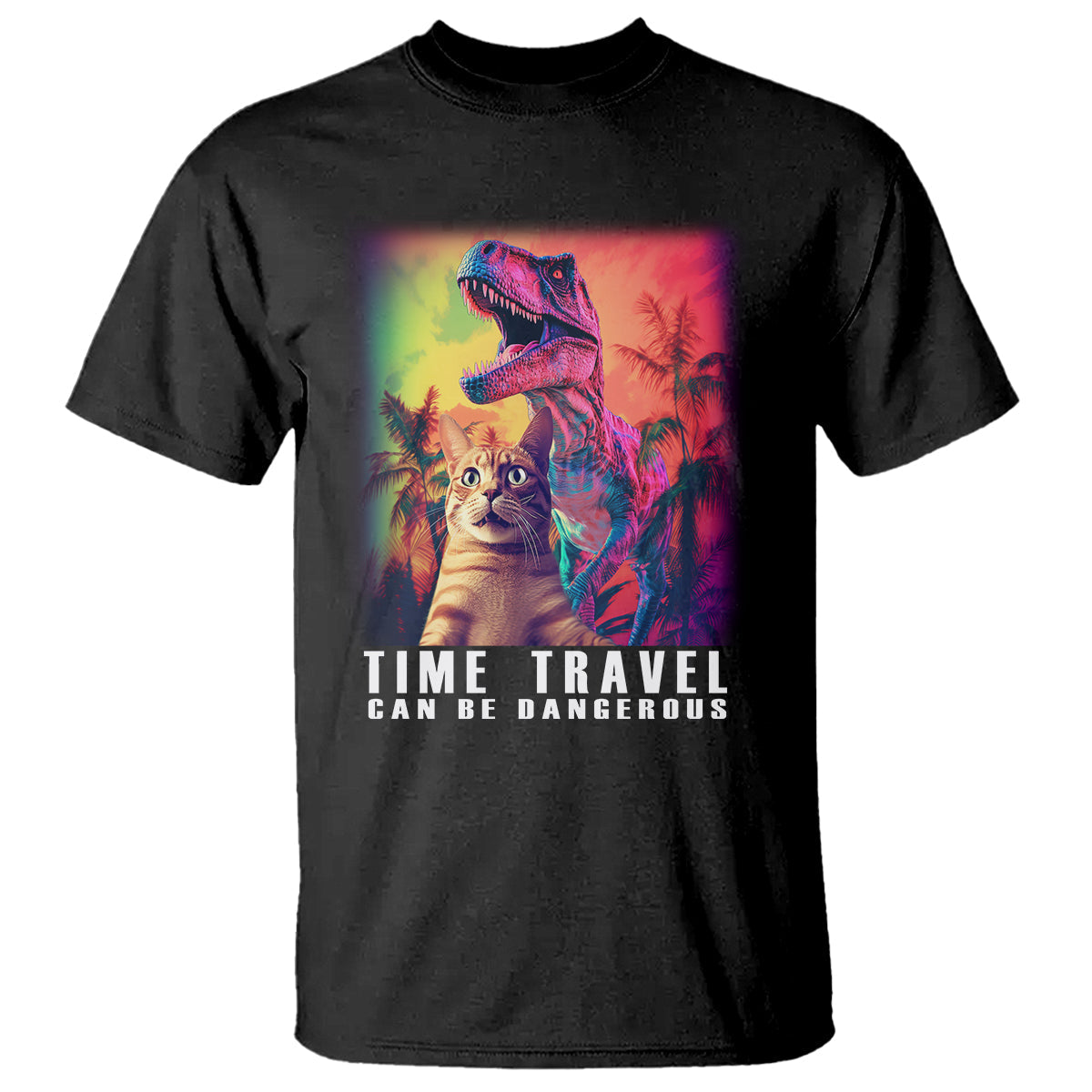 selfie-cat-time-travel-can-be-dangerous-dinosaur-funny-t-shirt