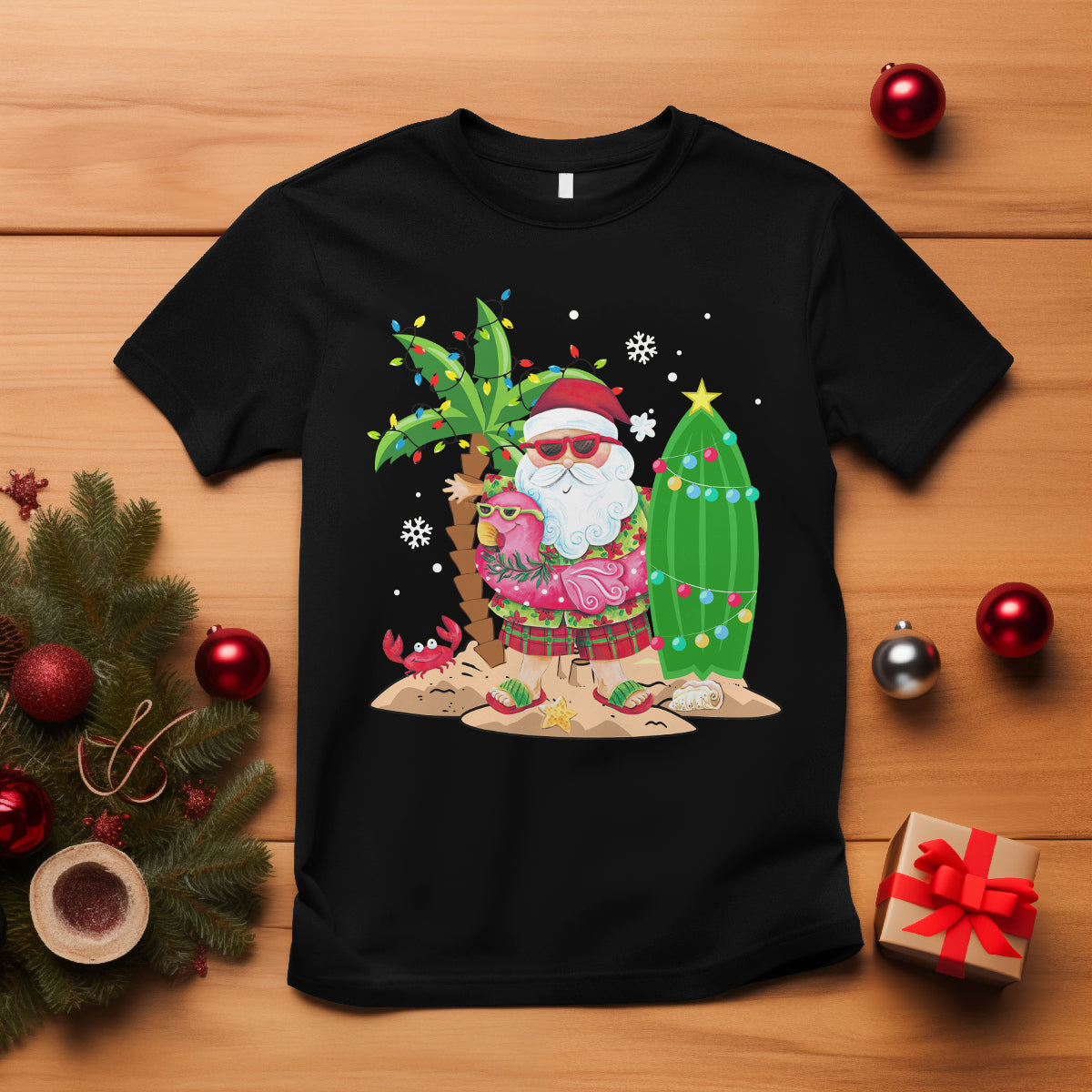 christmas-in-hawaii-t-shirt-flamingo-float-xmas-palm-tree-surfboard-cute-santa-at-beach