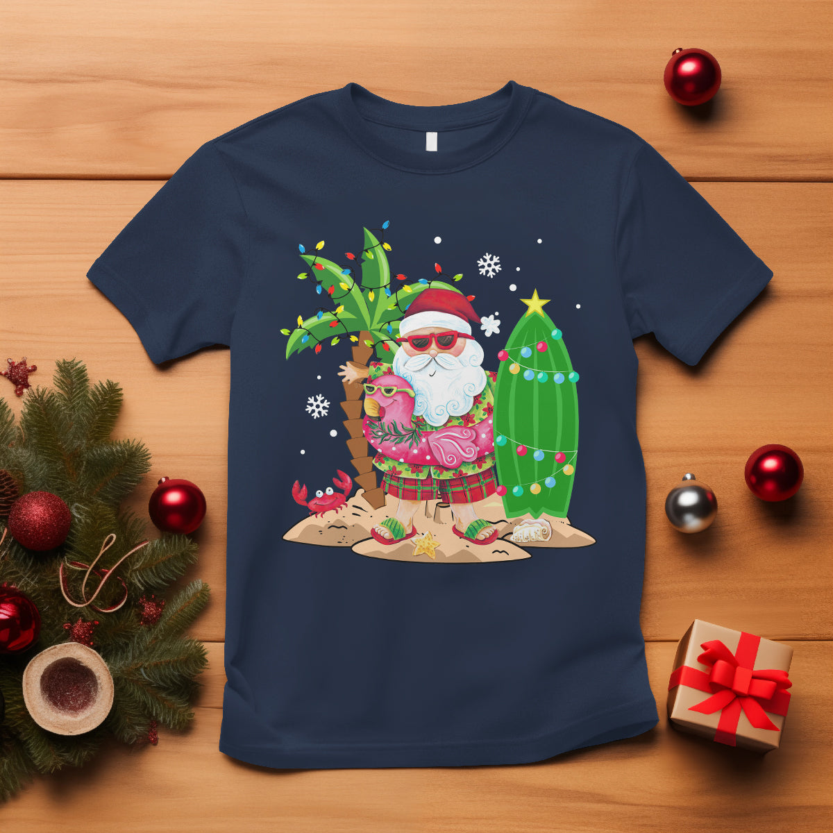 christmas-in-hawaii-t-shirt-flamingo-float-xmas-palm-tree-surfboard-cute-santa-at-beach