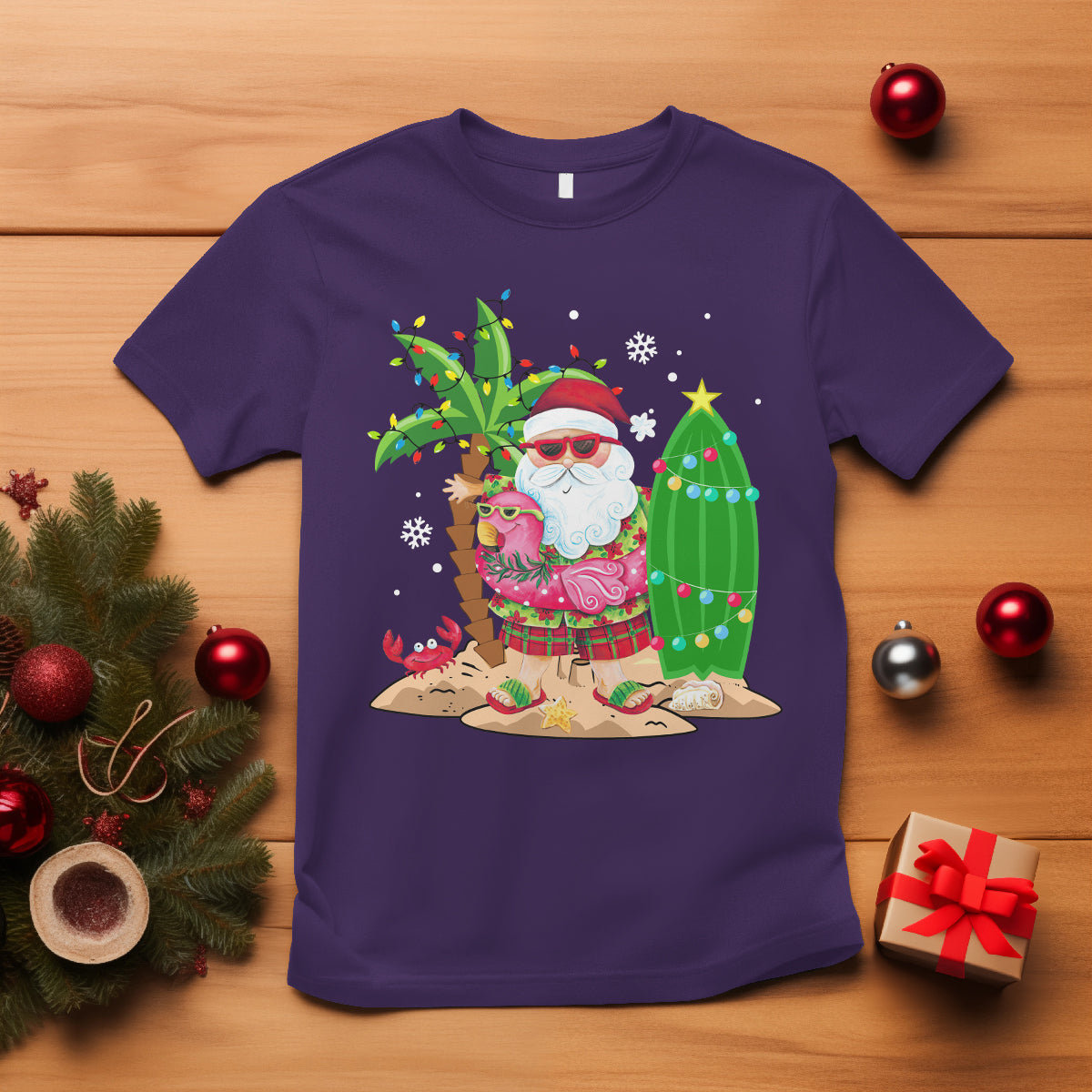 christmas-in-hawaii-t-shirt-flamingo-float-xmas-palm-tree-surfboard-cute-santa-at-beach