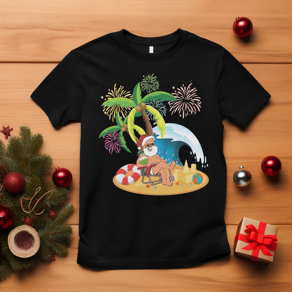 christmas-in-hawaii-t-shirt-palm-tree-firework-santa-at-beach-drinking-coconut