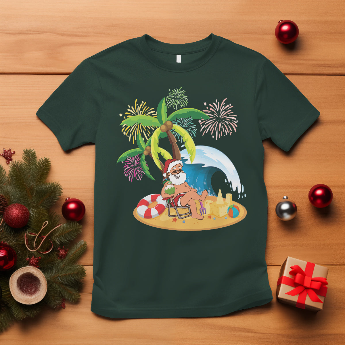 christmas-in-hawaii-t-shirt-palm-tree-firework-santa-at-beach-drinking-coconut