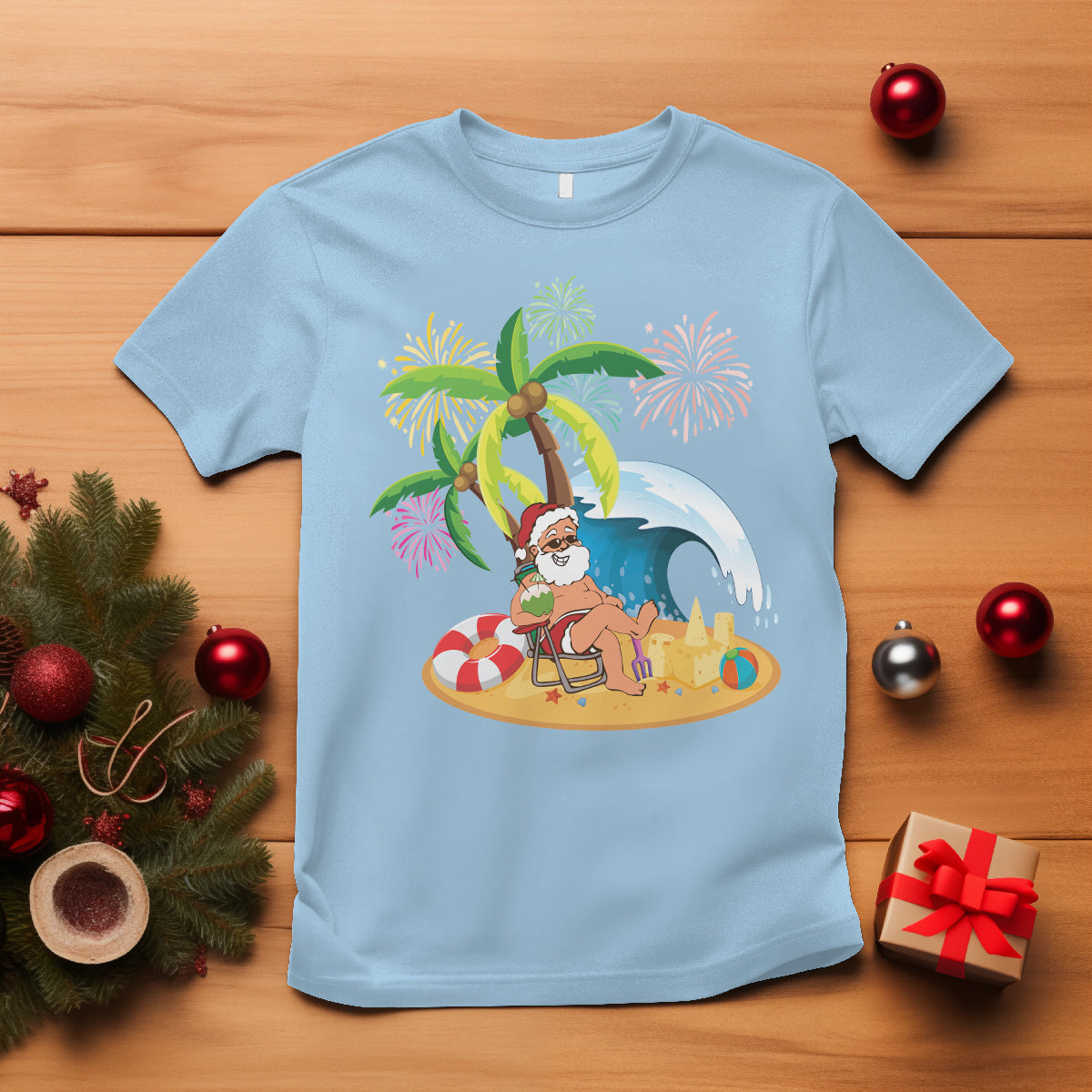christmas-in-hawaii-t-shirt-palm-tree-firework-santa-at-beach-drinking-coconut