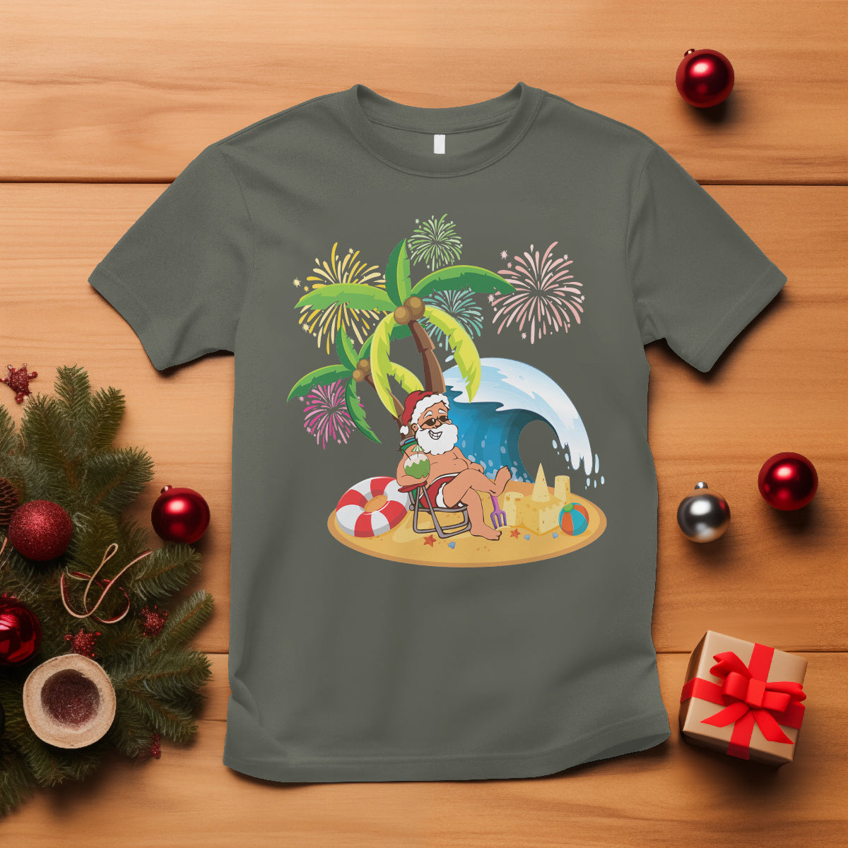 christmas-in-hawaii-t-shirt-palm-tree-firework-santa-at-beach-drinking-coconut