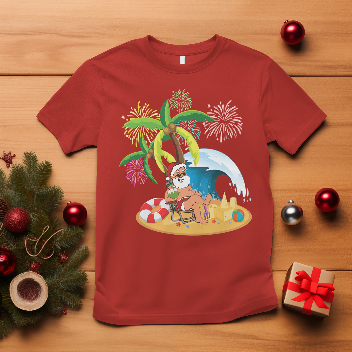 christmas-in-hawaii-t-shirt-palm-tree-firework-santa-at-beach-drinking-coconut