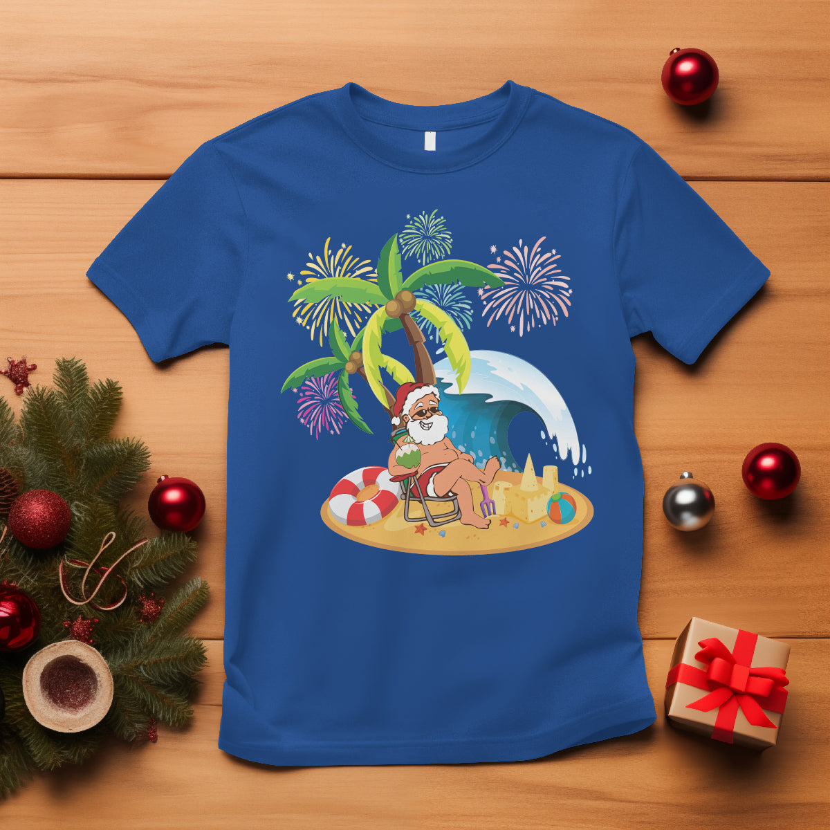 christmas-in-hawaii-t-shirt-palm-tree-firework-santa-at-beach-drinking-coconut