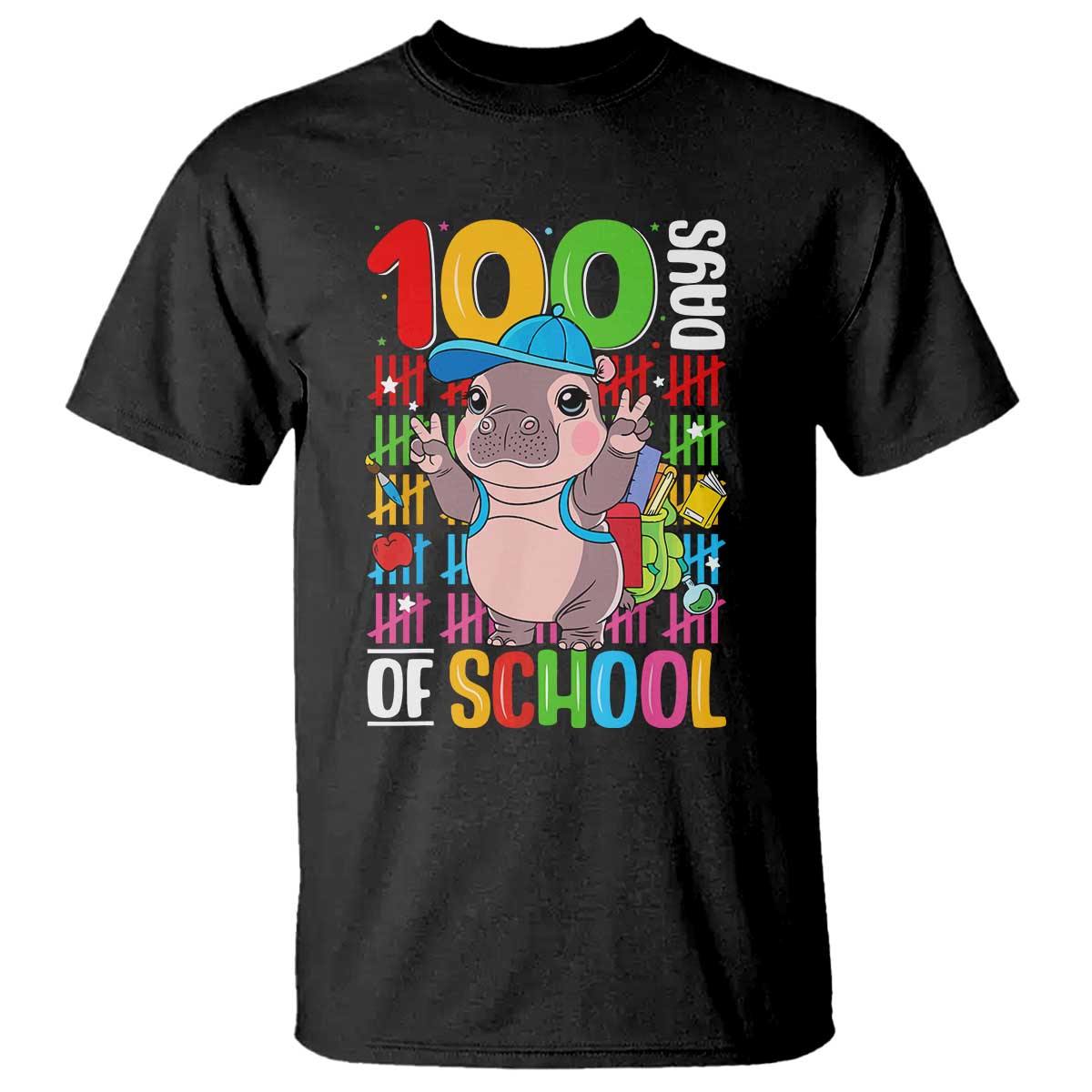funny-100th-day-of-school-moo-deng-t-shirt-cute-baby-hippo-colorful-100-days