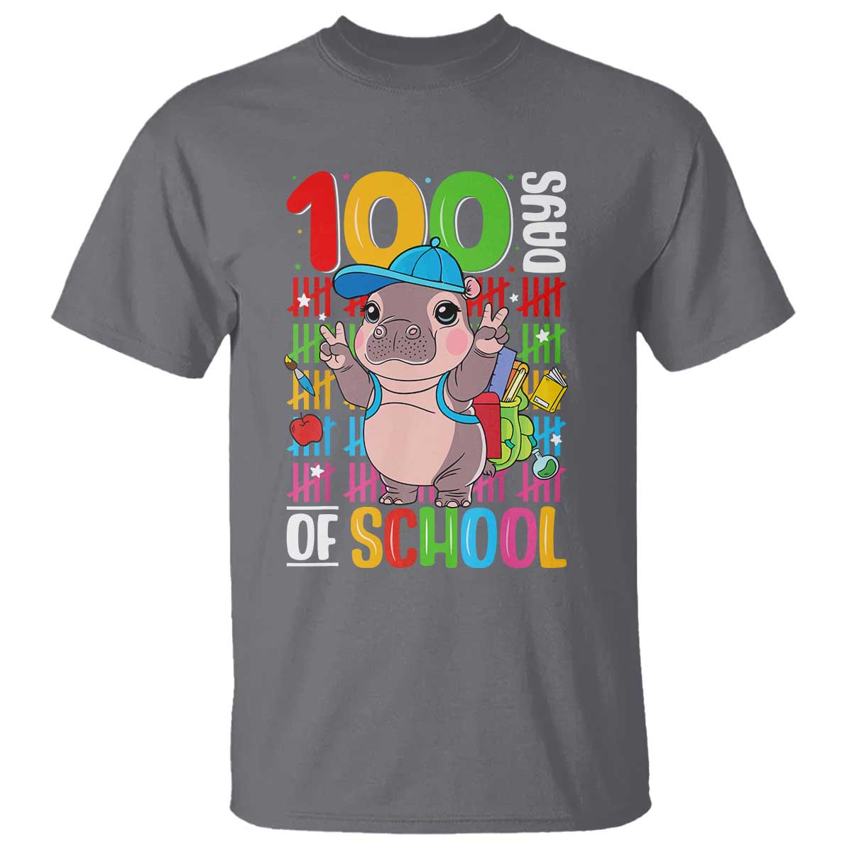 funny-100th-day-of-school-moo-deng-t-shirt-cute-baby-hippo-colorful-100-days
