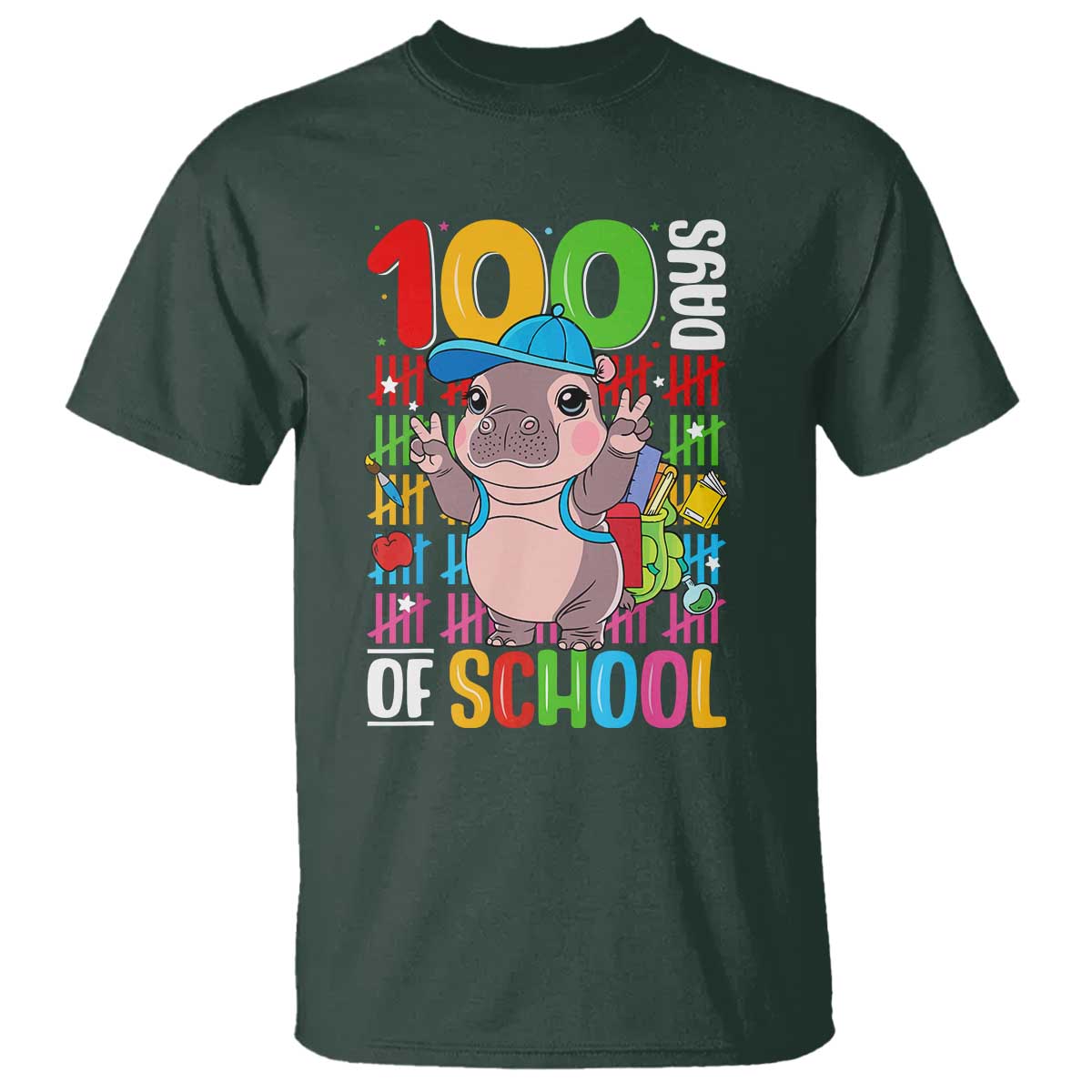 funny-100th-day-of-school-moo-deng-t-shirt-cute-baby-hippo-colorful-100-days