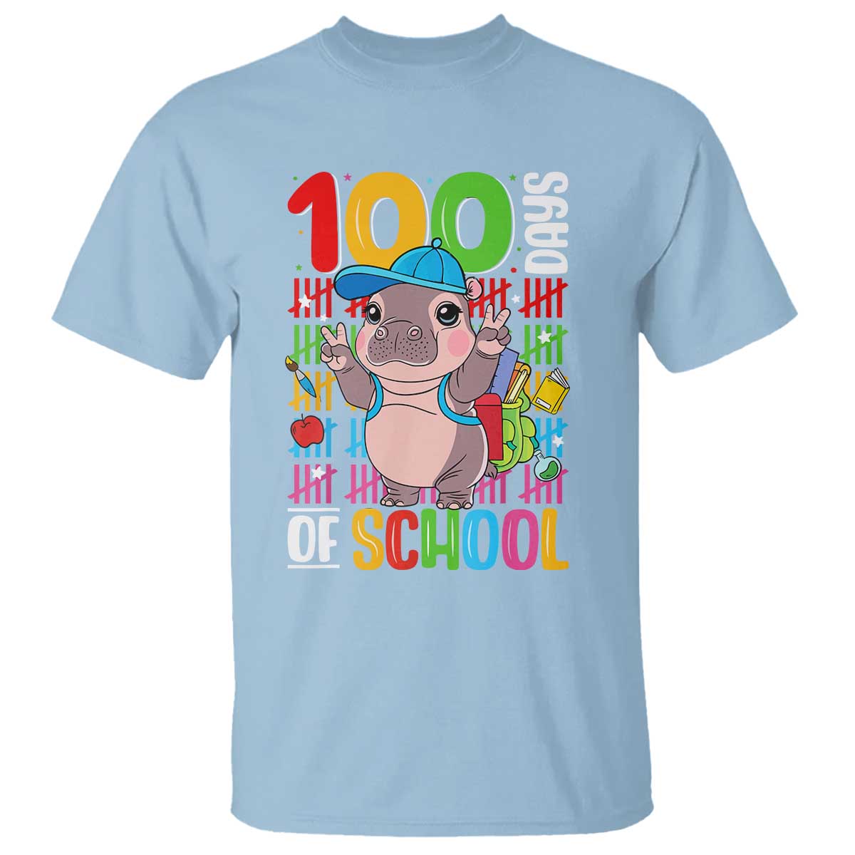 funny-100th-day-of-school-moo-deng-t-shirt-cute-baby-hippo-colorful-100-days