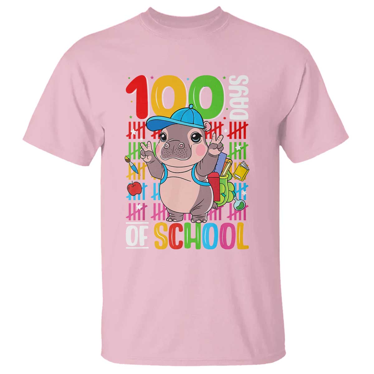 funny-100th-day-of-school-moo-deng-t-shirt-cute-baby-hippo-colorful-100-days