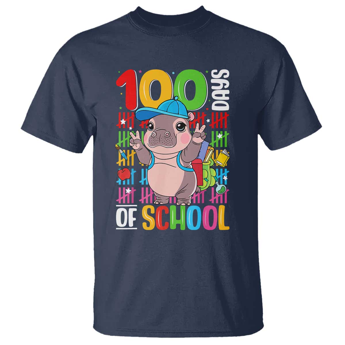 funny-100th-day-of-school-moo-deng-t-shirt-cute-baby-hippo-colorful-100-days