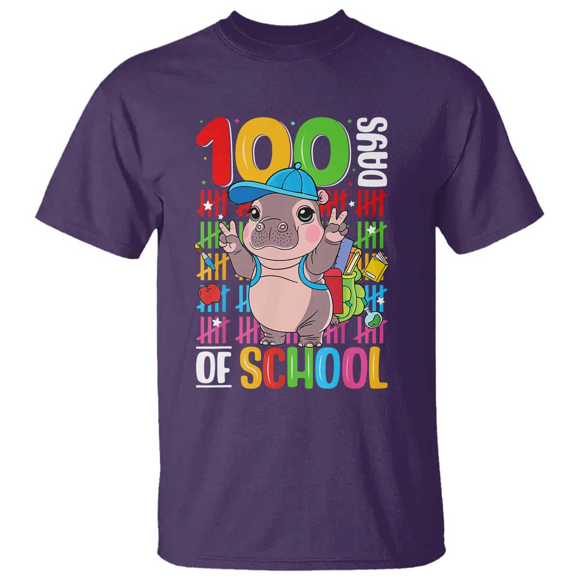 funny-100th-day-of-school-moo-deng-t-shirt-cute-baby-hippo-colorful-100-days