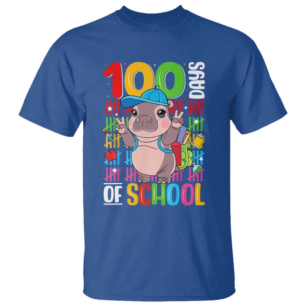 funny-100th-day-of-school-moo-deng-t-shirt-cute-baby-hippo-colorful-100-days
