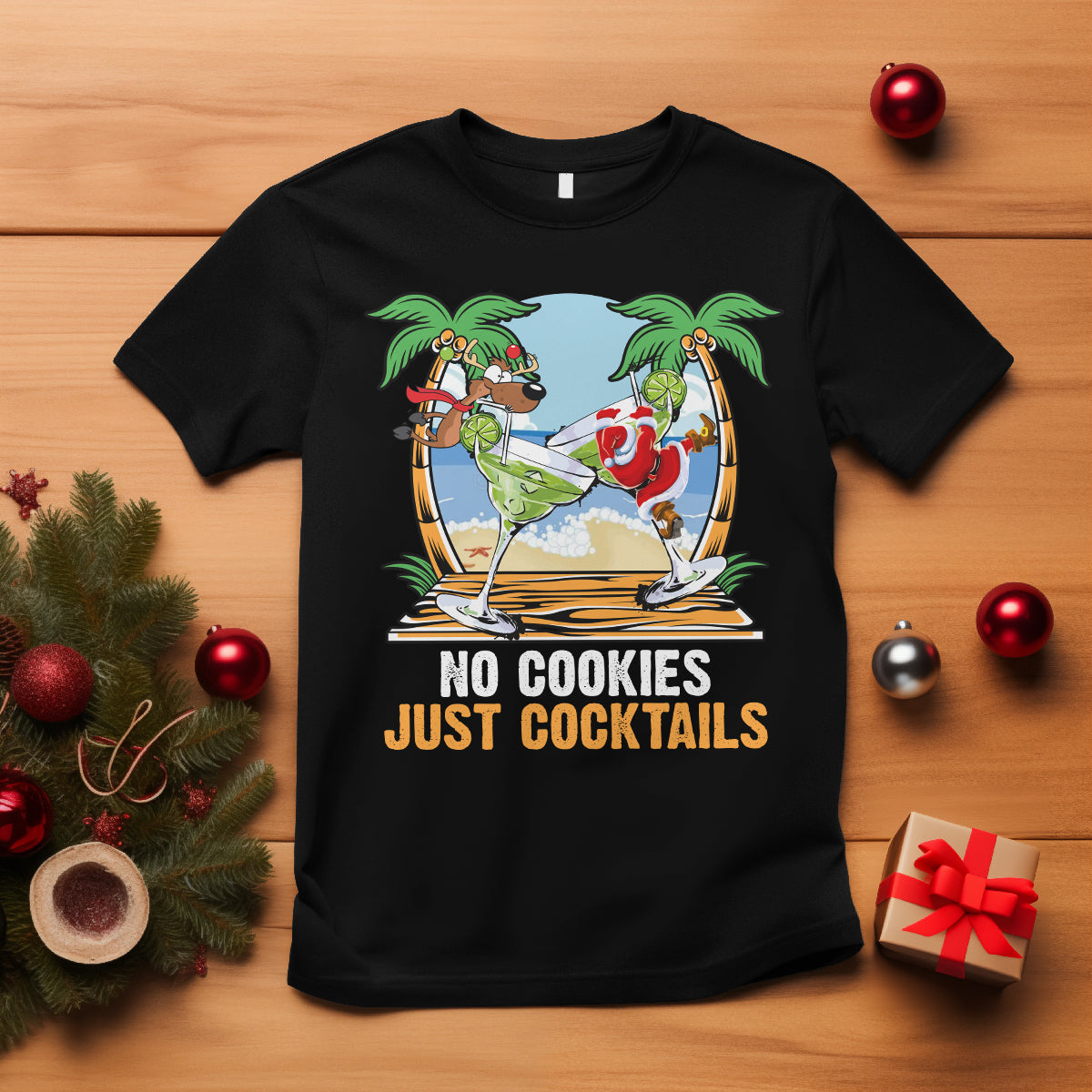 no-cookies-just-cocktails-drunk-santa-reindeer-summer-christmas-t-shirt