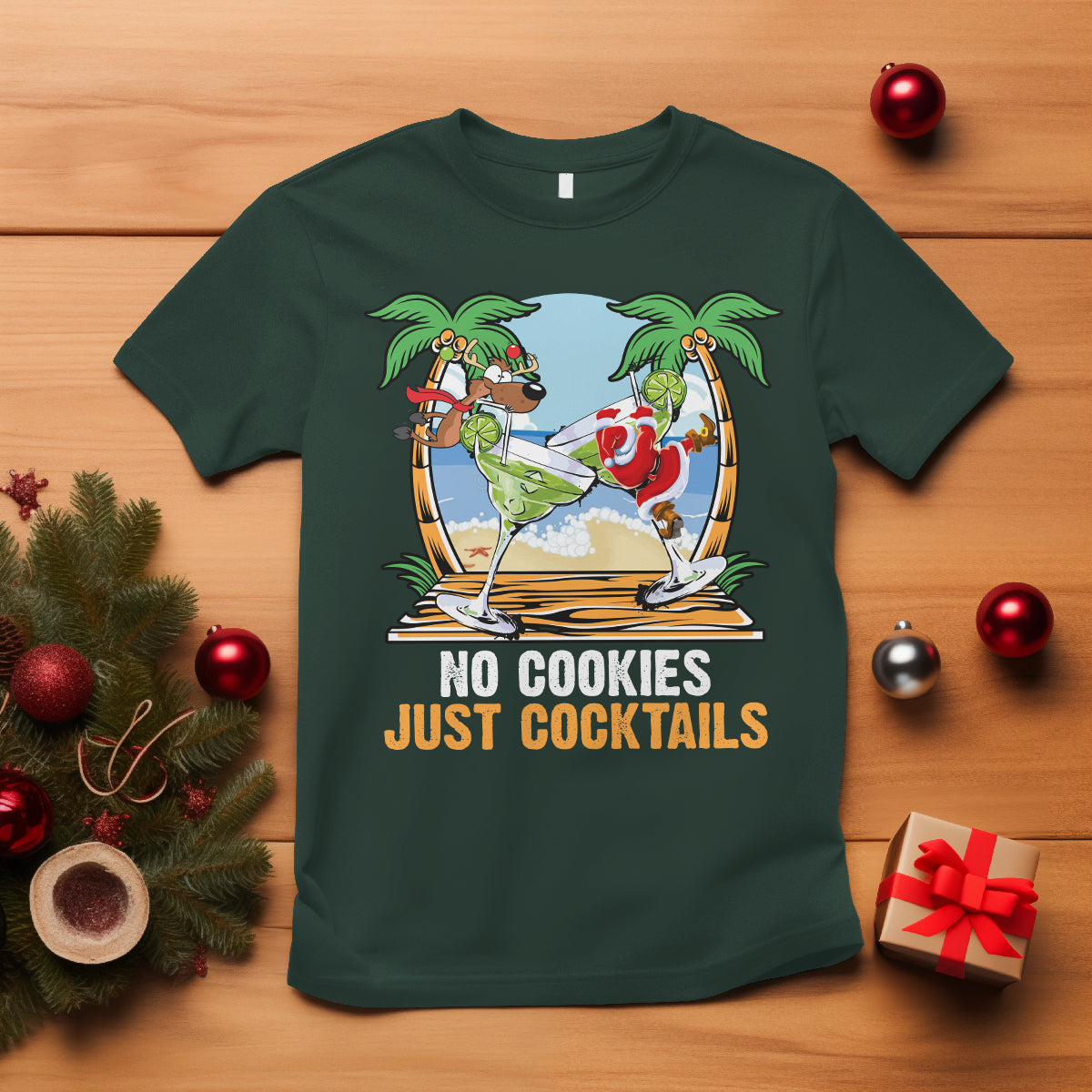 no-cookies-just-cocktails-drunk-santa-reindeer-summer-christmas-t-shirt