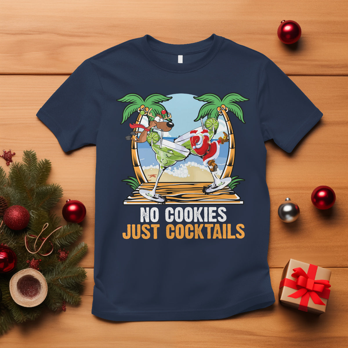 no-cookies-just-cocktails-drunk-santa-reindeer-summer-christmas-t-shirt