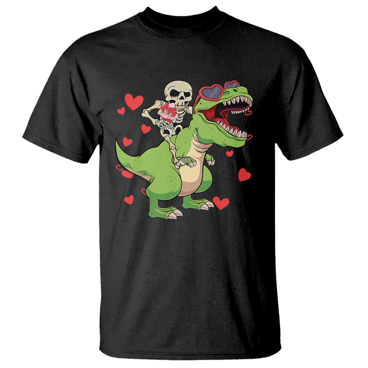 valentines-day-t-shirt-skeleton-riding-dinosaur-rose-bouquet