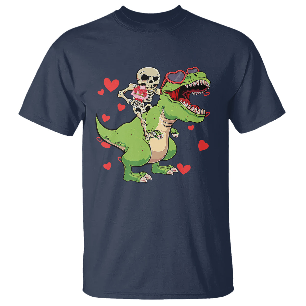 valentines-day-t-shirt-skeleton-riding-dinosaur-rose-bouquet