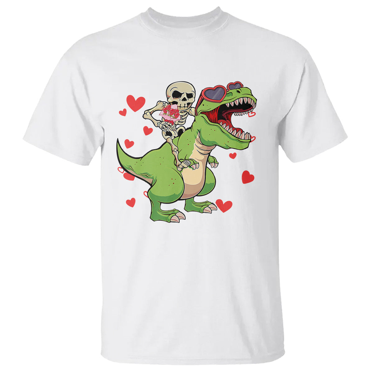 valentines-day-t-shirt-skeleton-riding-dinosaur-rose-bouquet