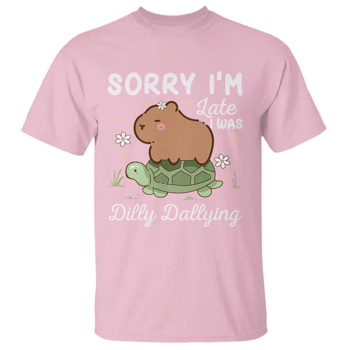 funny-sorry-im-late-i-was-dilly-dallying-t-shirt-cute-capybara-and-turtle