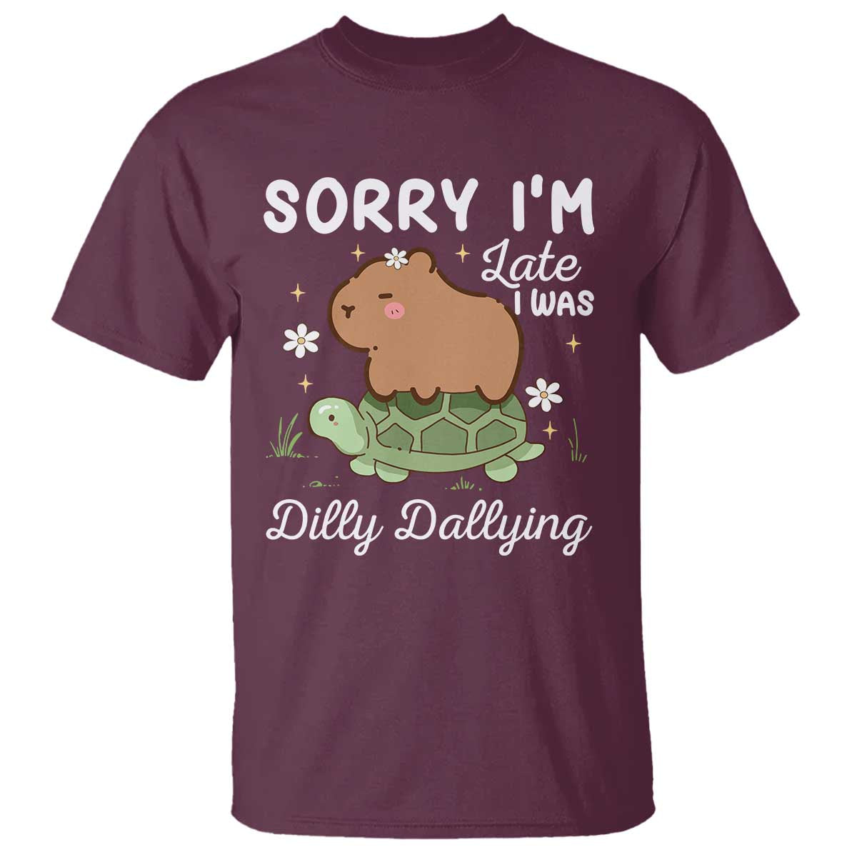 funny-sorry-im-late-i-was-dilly-dallying-t-shirt-cute-capybara-and-turtle