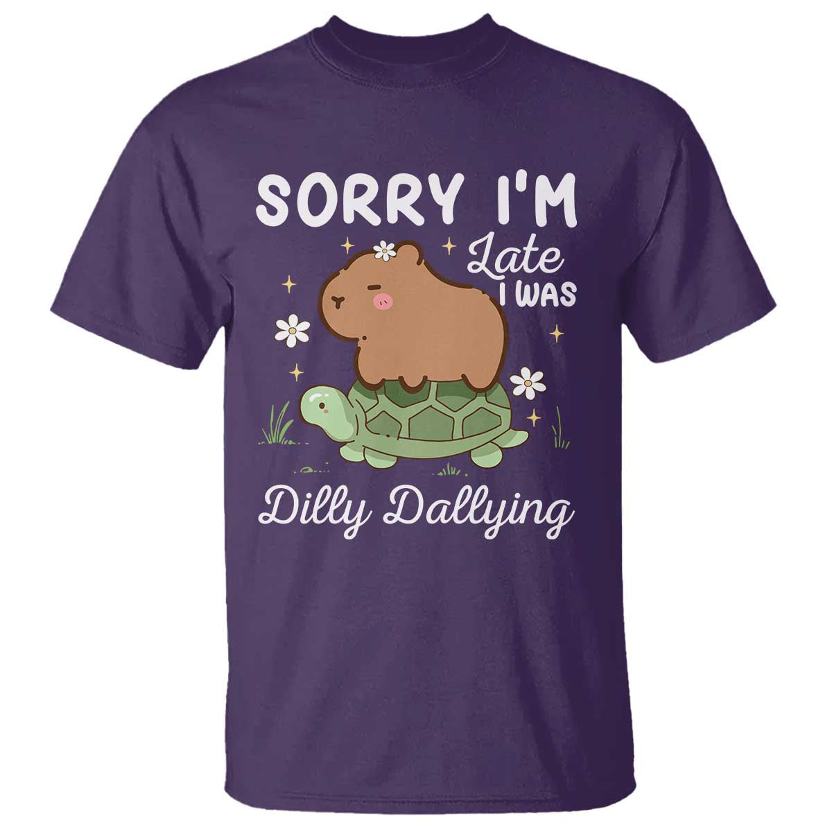 funny-sorry-im-late-i-was-dilly-dallying-t-shirt-cute-capybara-and-turtle
