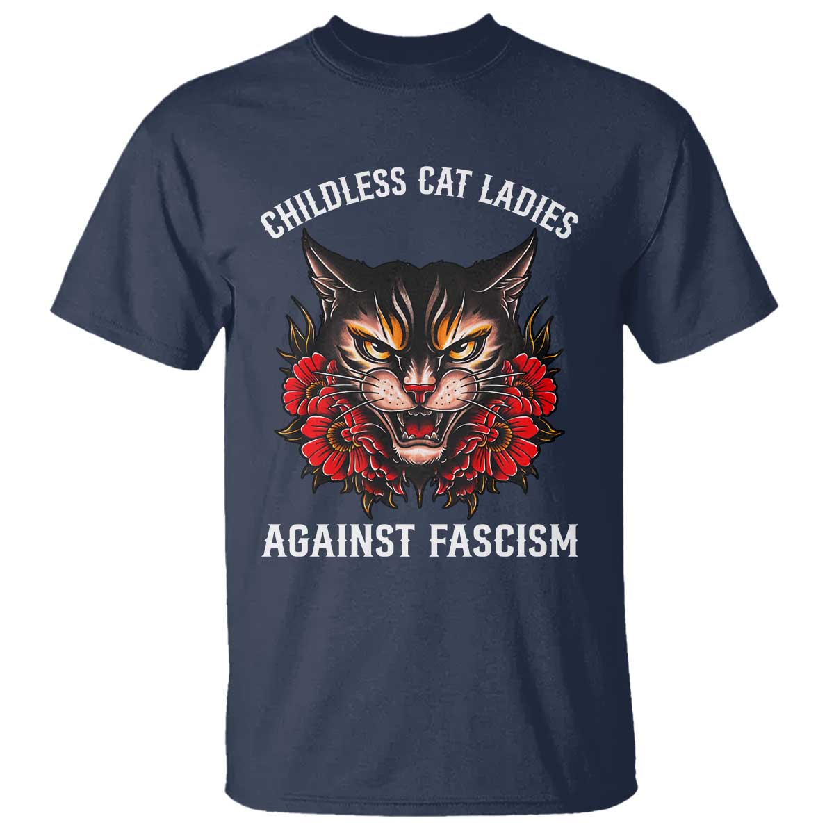 childless-cat-ladies-t-shirt-against-fascism-traditional-tattoo-cat