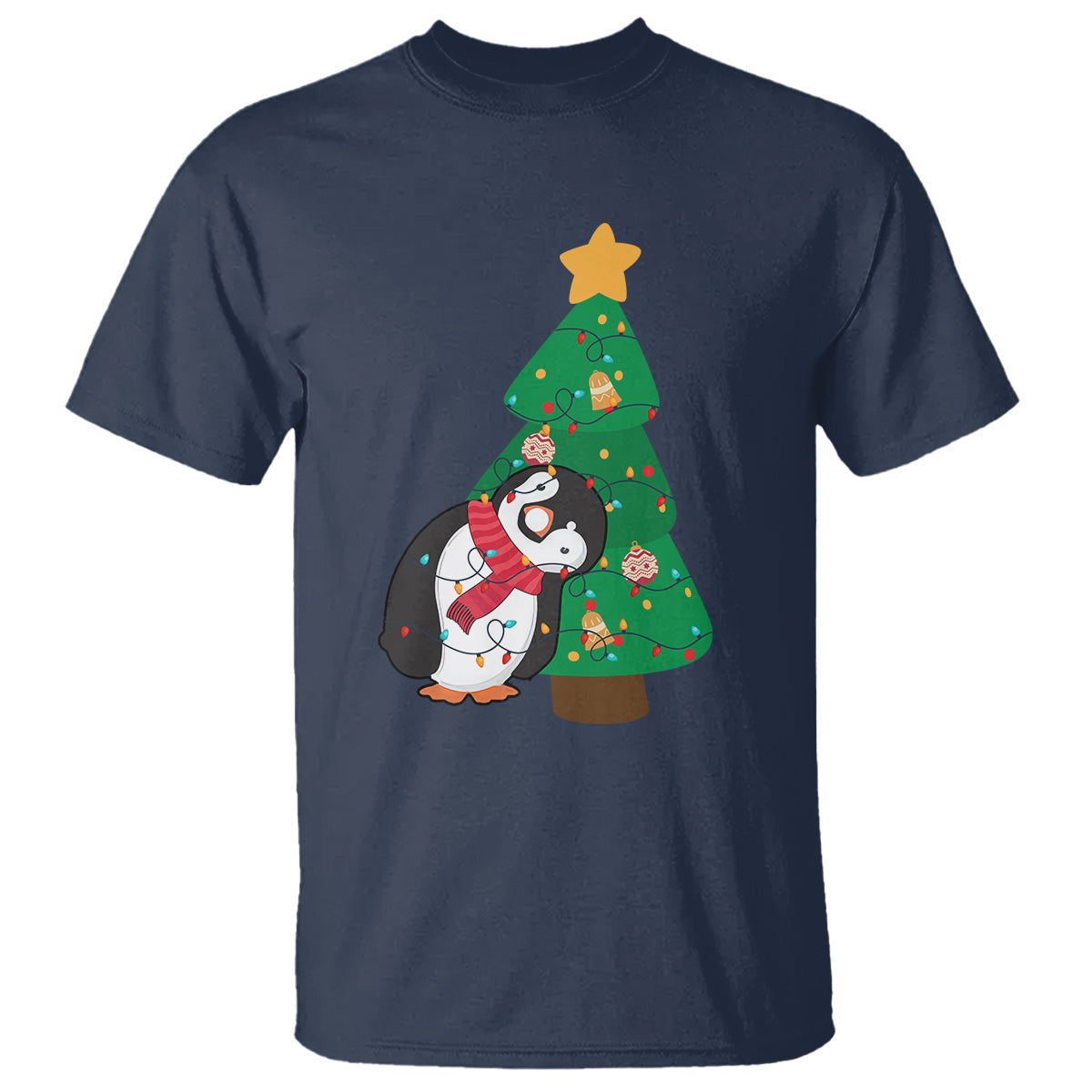 funny-penguin-with-christmas-tree-tangled-xmas-light-t-shirt