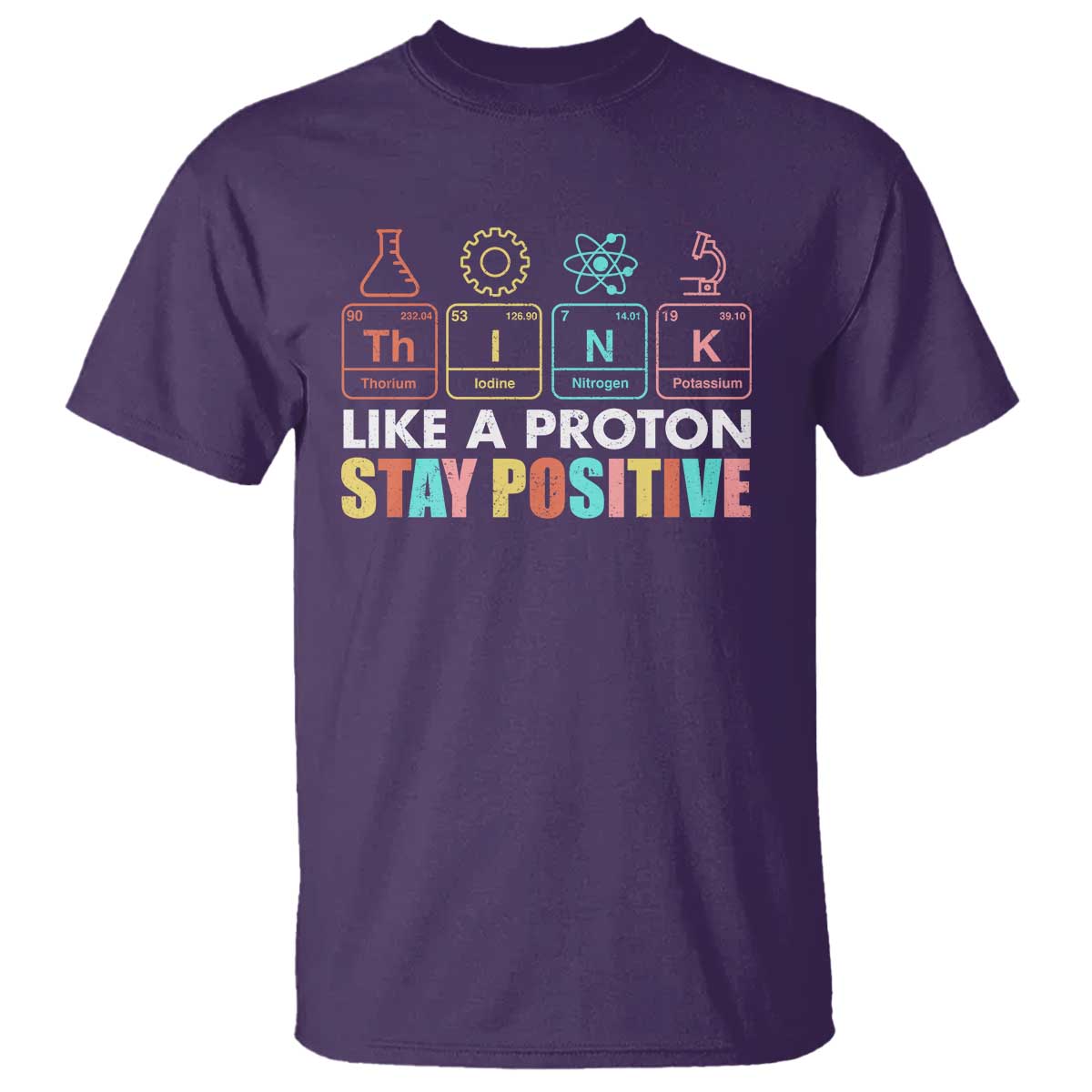 funny-science-t-shirt-think-like-a-proton-stay-positive-retro
