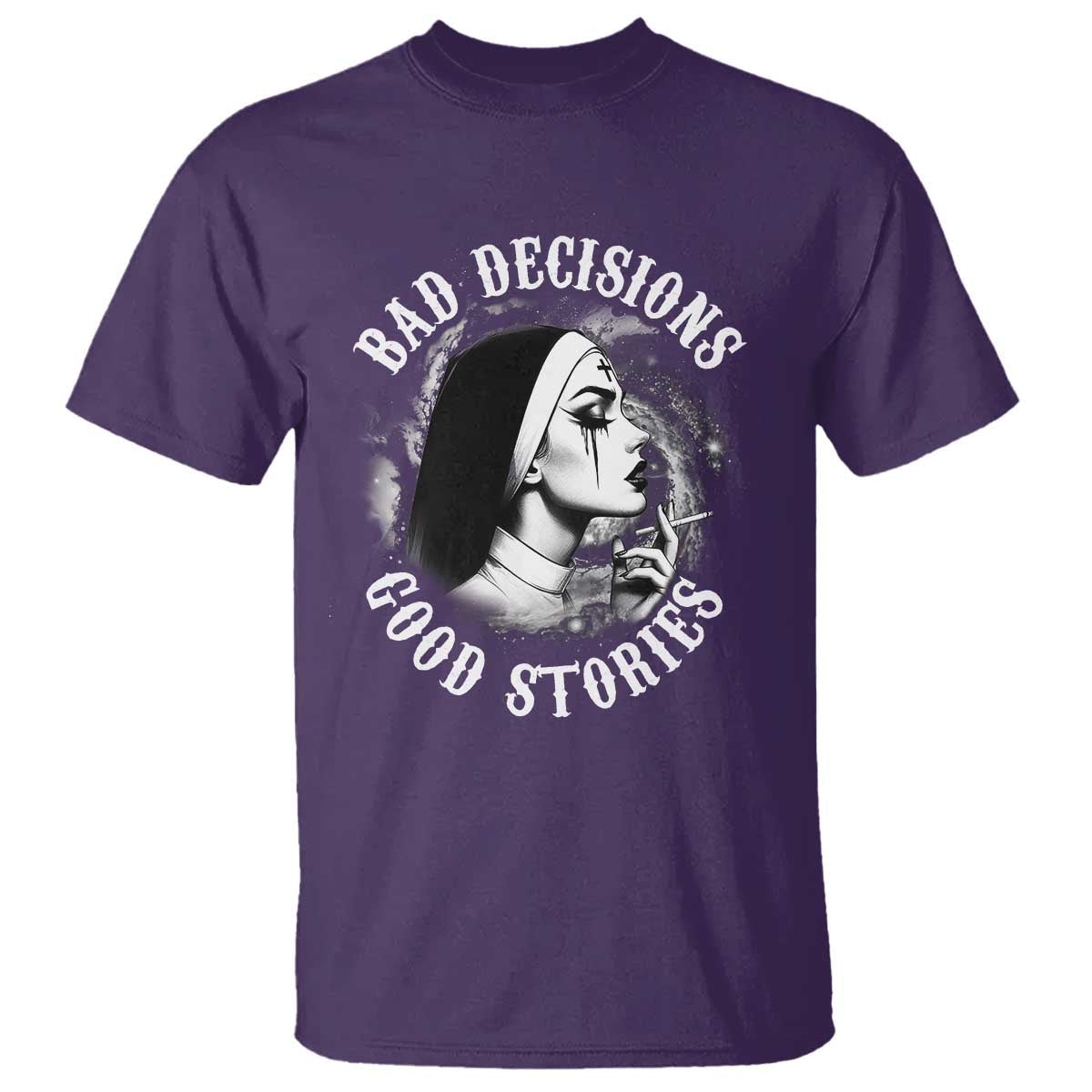 unholy-nun-t-shirt-bad-decisions-good-stories-dirty-nun-smoking