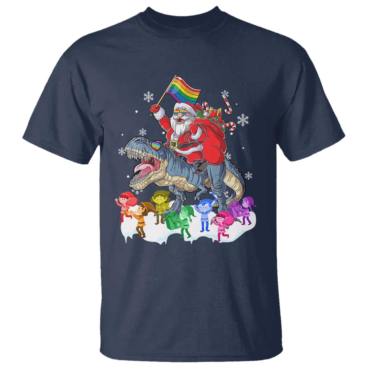 funny-christmas-lgbt-t-shirt-rainbow-flag-santa-riding-dinosaur