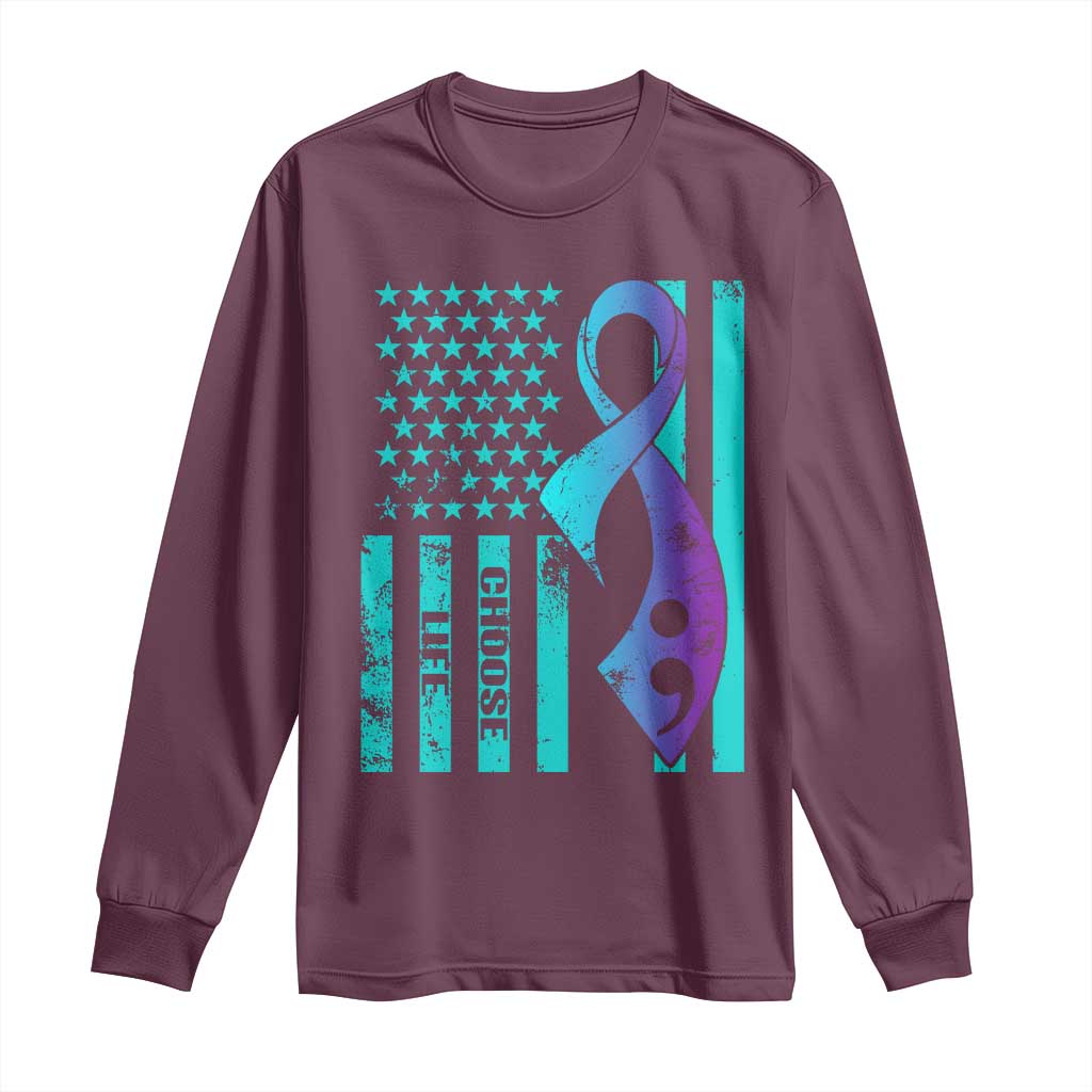 Choose Life Suicide Prevention Long Sleeve Shirt with American Flag Graphic