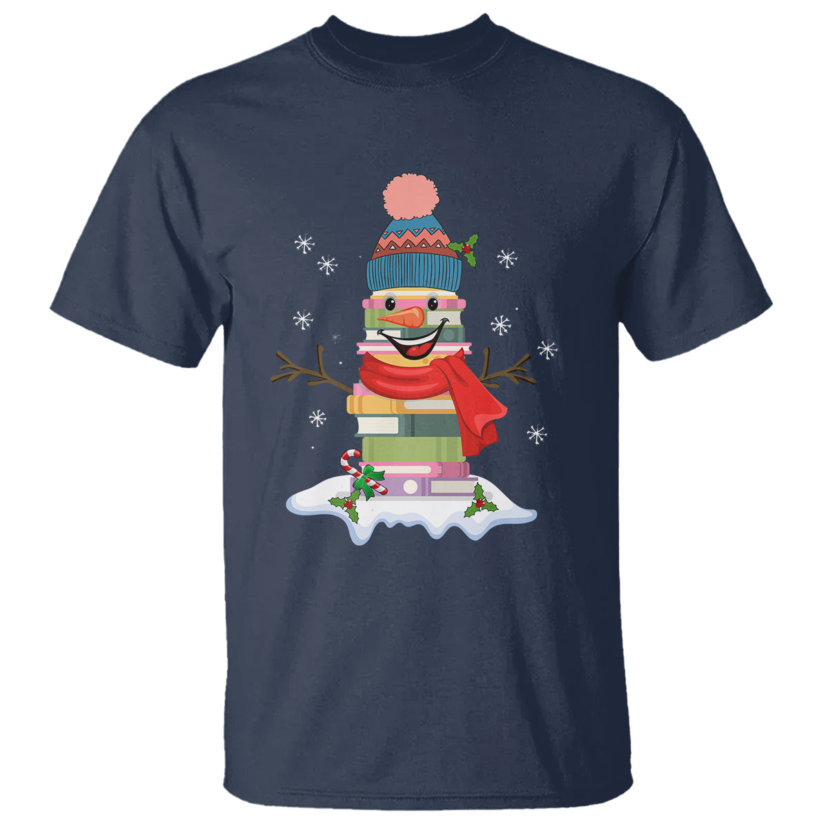 christmas-t-shirt-snowman-library-book-stack-winter-librarian