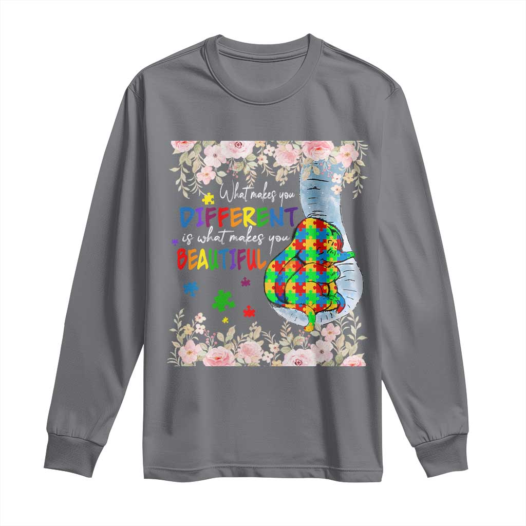Autism Support Long Sleeve Shirt What Makes You Different Is What Makes You Beautiful Autistic Elephant Mom