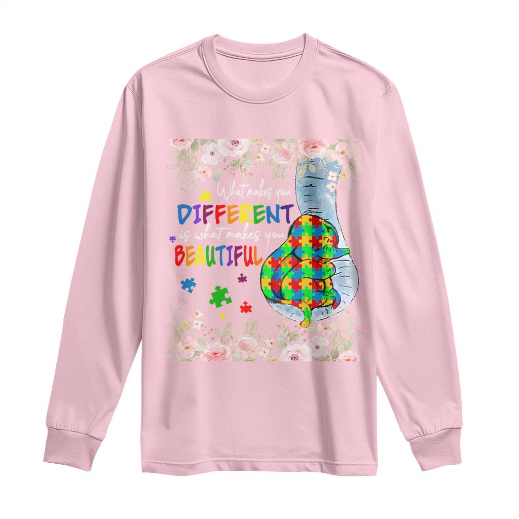 Autism Support Long Sleeve Shirt What Makes You Different Is What Makes You Beautiful Autistic Elephant Mom