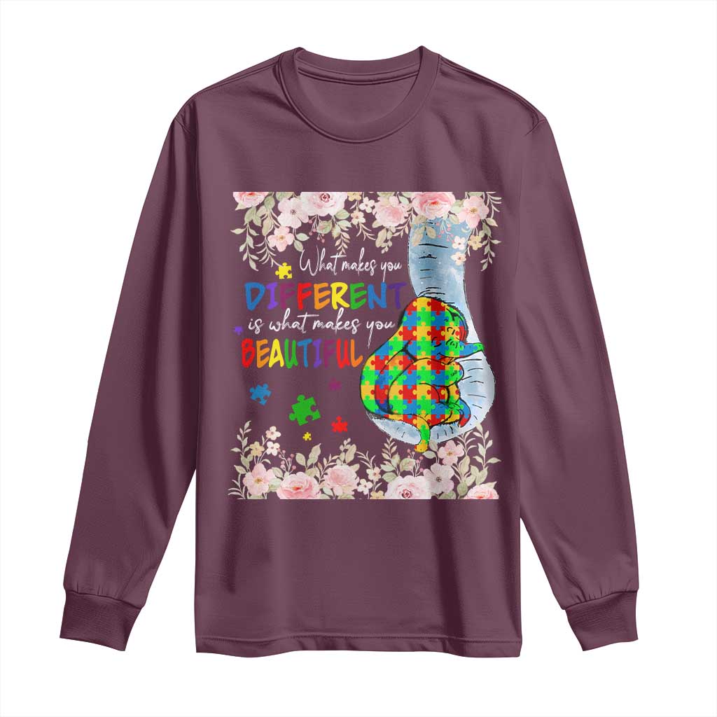 Autism Support Long Sleeve Shirt What Makes You Different Is What Makes You Beautiful Autistic Elephant Mom