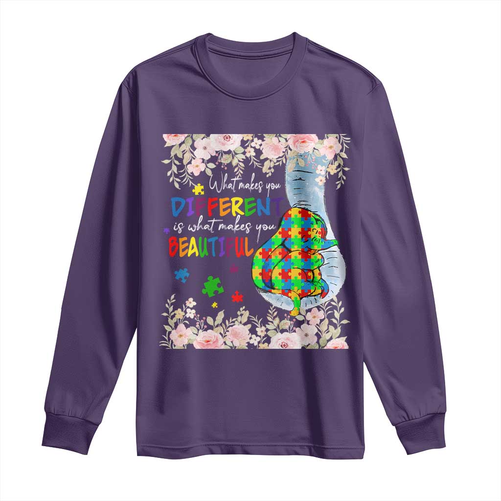 Autism Support Long Sleeve Shirt What Makes You Different Is What Makes You Beautiful Autistic Elephant Mom