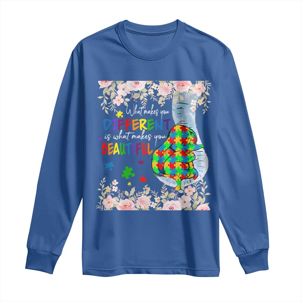 Autism Support Long Sleeve Shirt What Makes You Different Is What Makes You Beautiful Autistic Elephant Mom