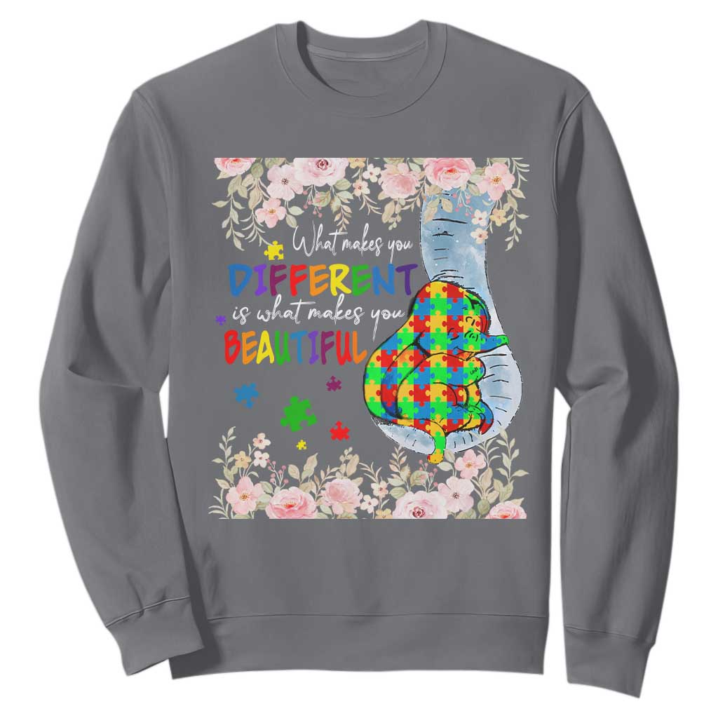 Autism Support Sweatshirt What Makes You Different Is What Makes You Beautiful Autistic Elephant Mom