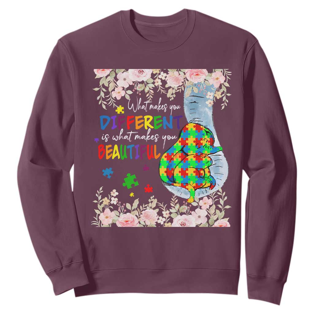 Autism Support Sweatshirt What Makes You Different Is What Makes You Beautiful Autistic Elephant Mom