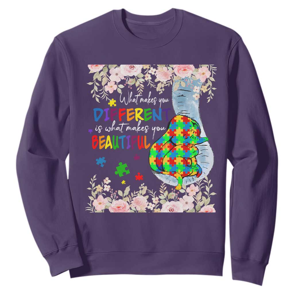 Autism Support Sweatshirt What Makes You Different Is What Makes You Beautiful Autistic Elephant Mom