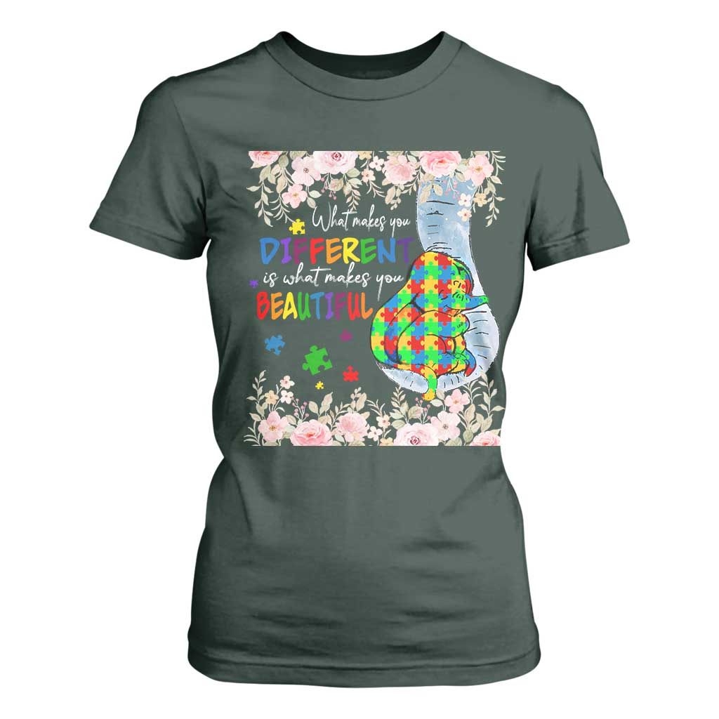 Autism Support T Shirt For Women What Makes You Different Is What Makes You Beautiful Autistic Elephant Mom