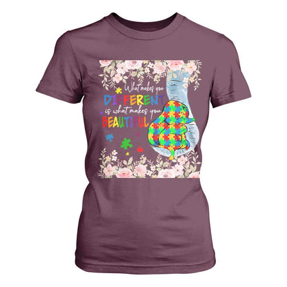 Autism Support T Shirt For Women What Makes You Different Is What Makes You Beautiful Autistic Elephant Mom