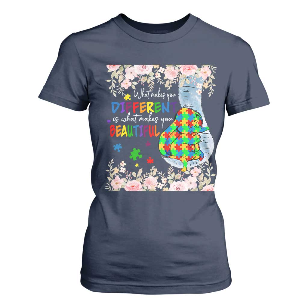 Autism Support T Shirt For Women What Makes You Different Is What Makes You Beautiful Autistic Elephant Mom
