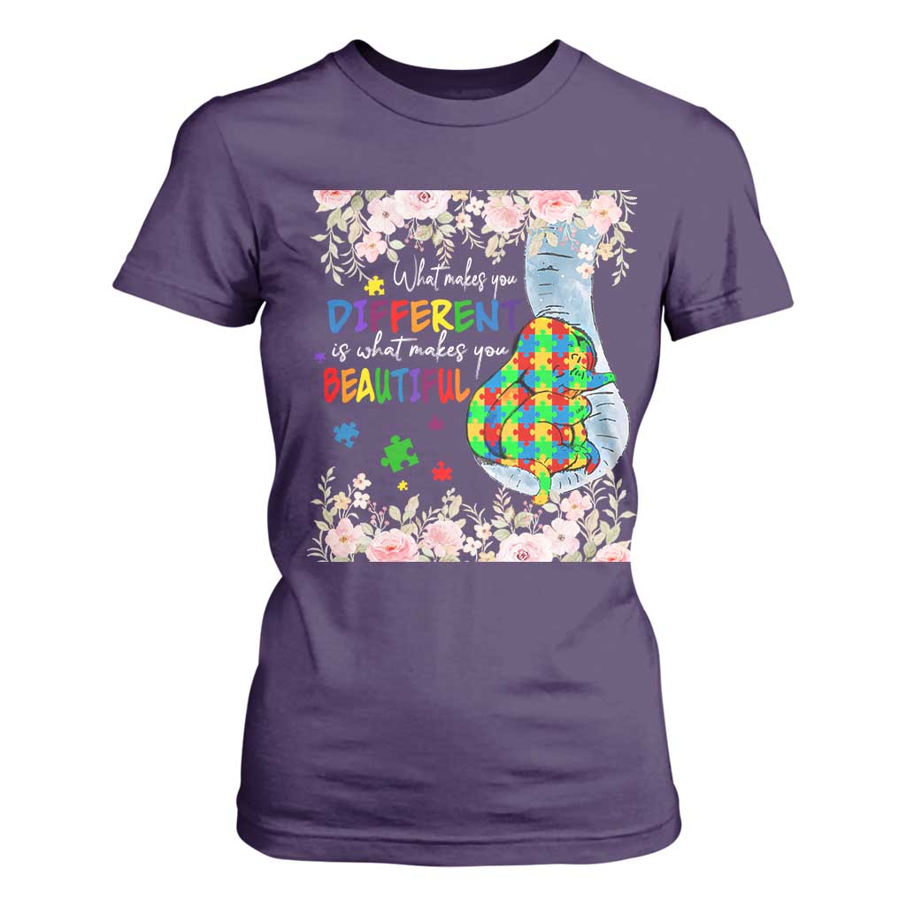 Autism Support T Shirt For Women What Makes You Different Is What Makes You Beautiful Autistic Elephant Mom