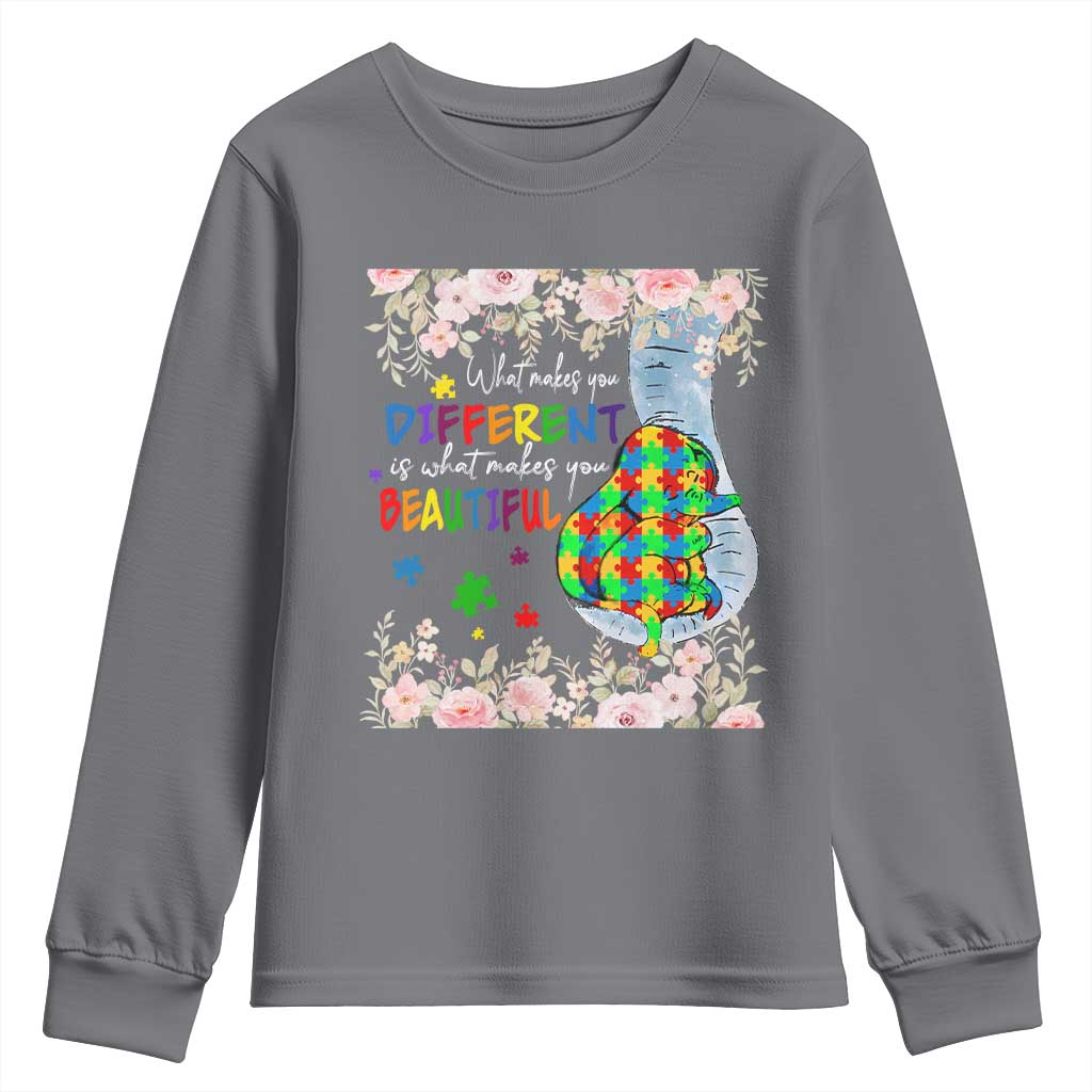 Autism Support Youth Sweatshirt What Makes You Different Is What Makes You Beautiful Autistic Elephant Mom