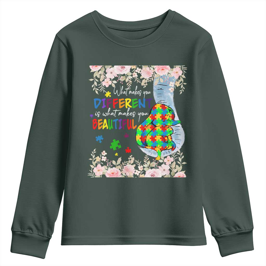 Autism Support Youth Sweatshirt What Makes You Different Is What Makes You Beautiful Autistic Elephant Mom